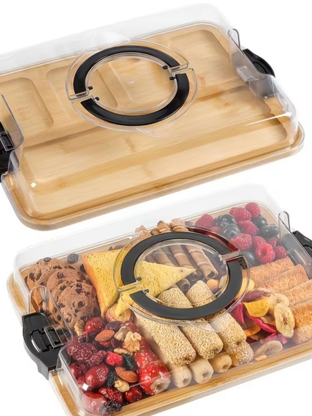 Bamboo Divided Snack Serving Tray with Clear Locking Lid - Natural